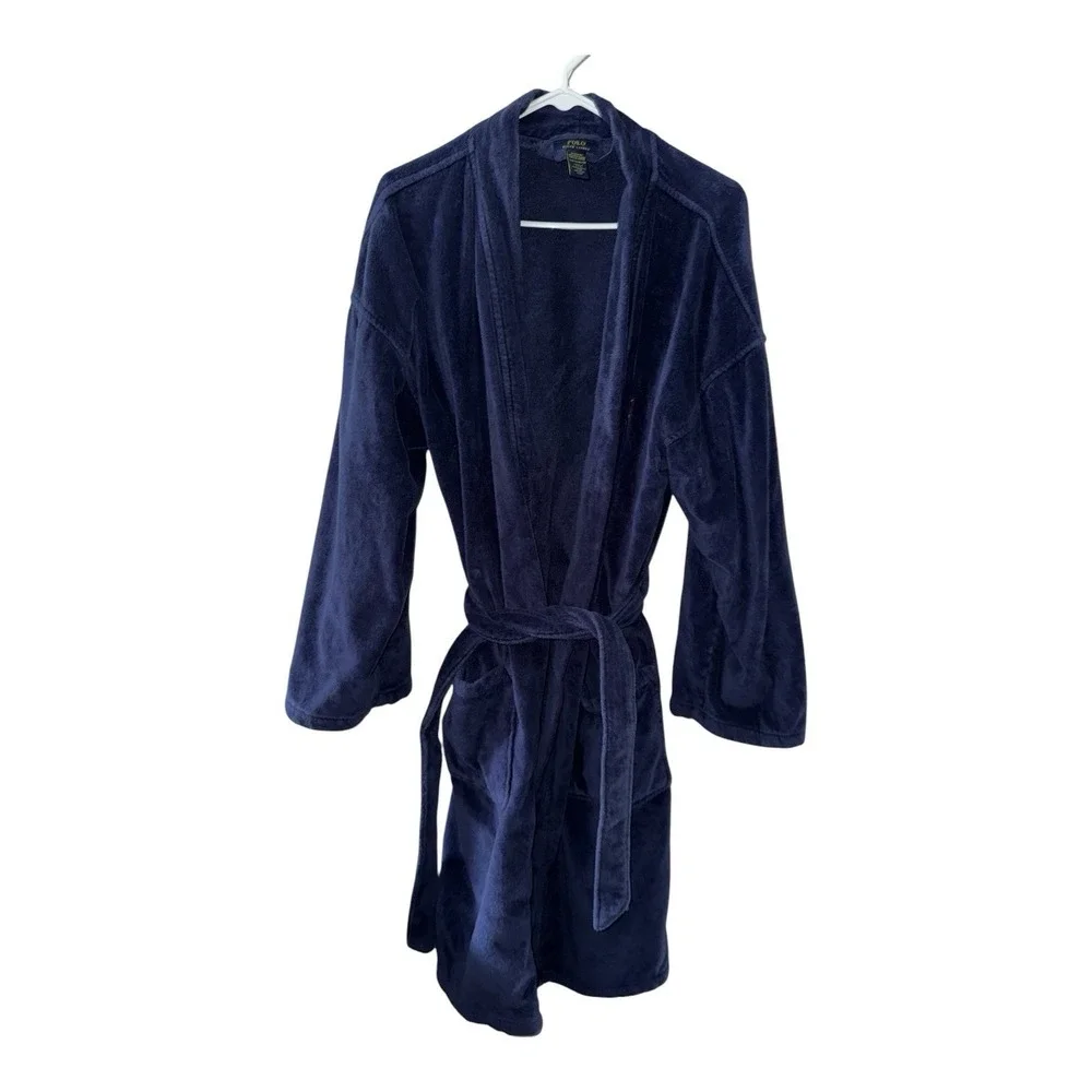 Polo Ralph Lauren Bath Robe Men's S/M Navy Blue Cotton Terry Belted Sleepwear